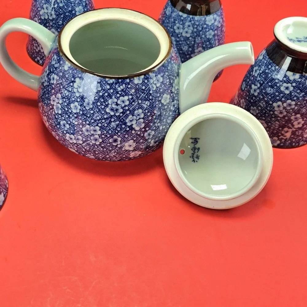 Vintage‎ Tachikichi Japanese Tea Set 6 Pc Blue Calico Floral Teapot Cups EX